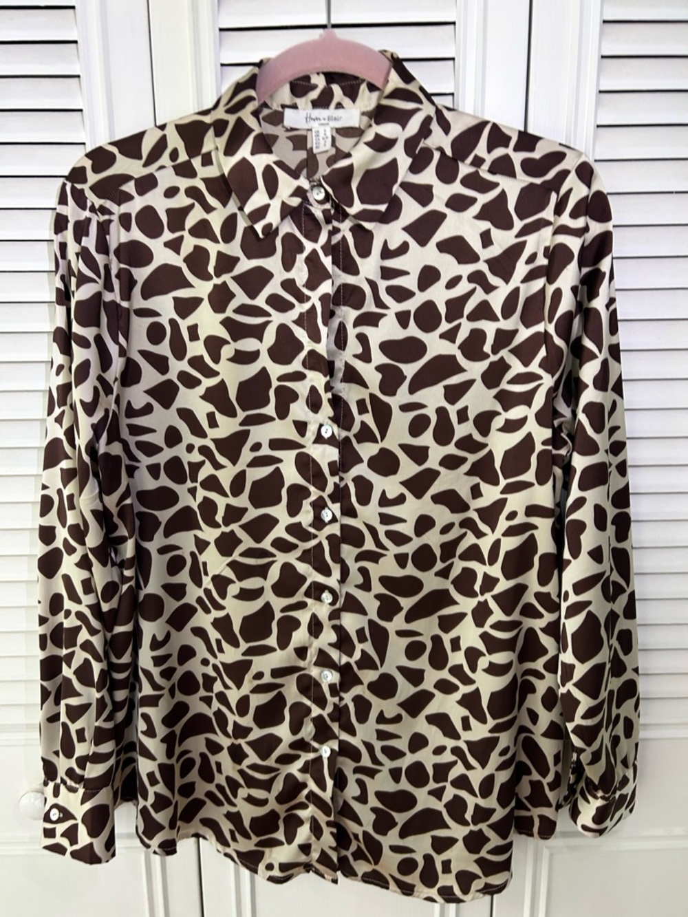 Brown and Cream Printed Button-Up Blouse